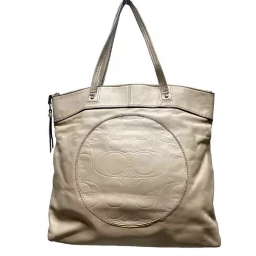 Coach Laura Signature Embossed Purse Large Taupe Beige Tan Leather Tote F18336